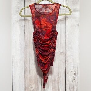 Free People Red Floral Mesh Bodysuit Size XS NWOT